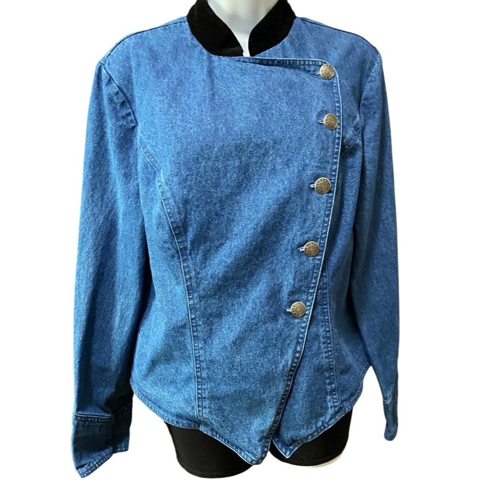 Stonebridge Vintage Denim Jacket Womens 8 Button Velvet Collar Military Western
